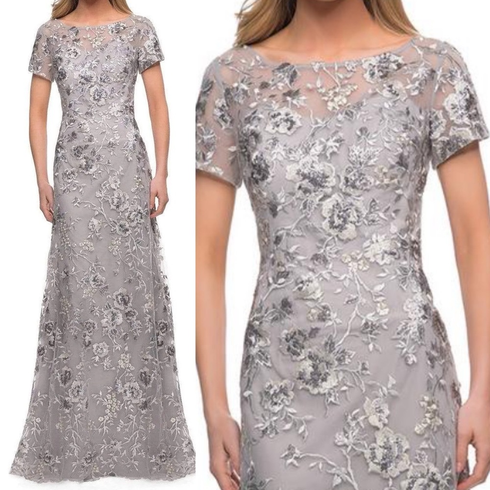 La Femme 29281 Floral Embroidered  Mother of the bride Groom Gown silver size 2